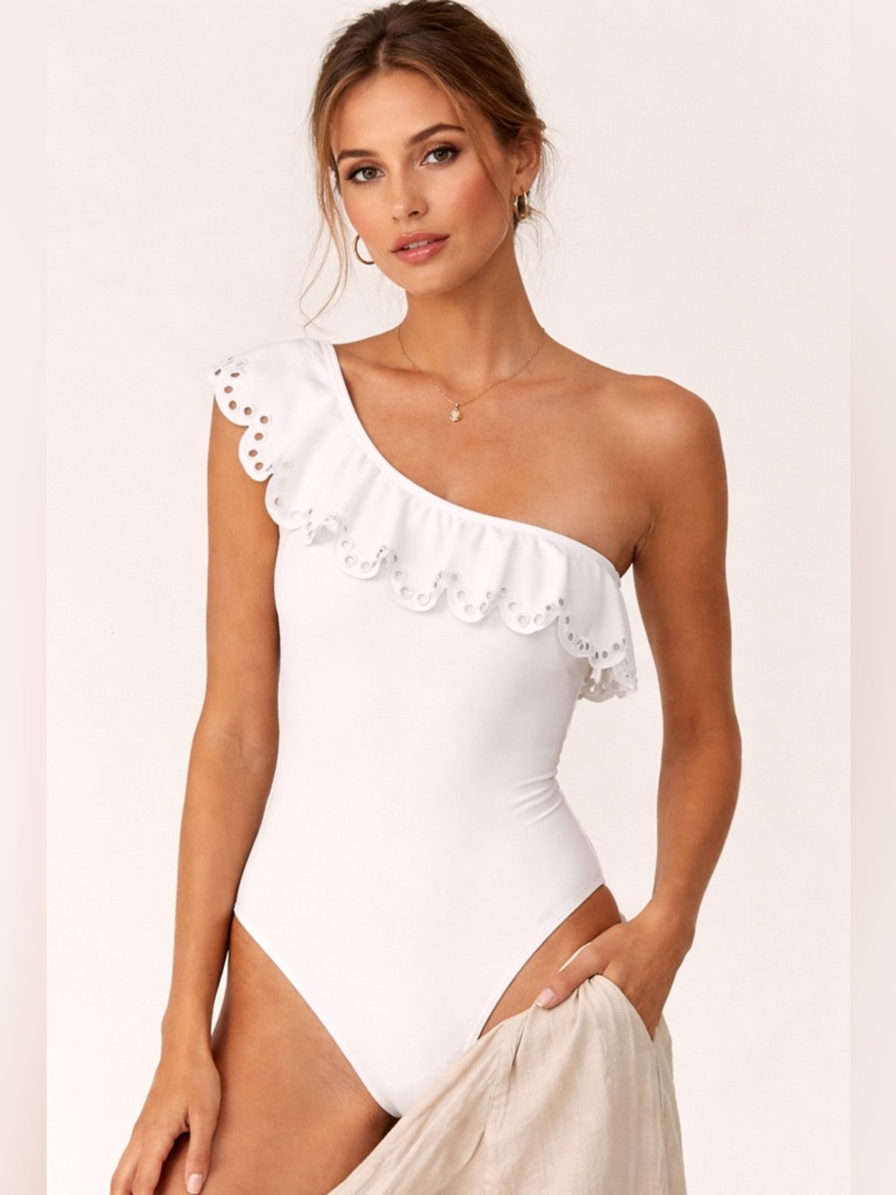 Karla Colletto White One-Shoulder Ruffle Swimsuit
Scalloped Grommet Trim Medium
